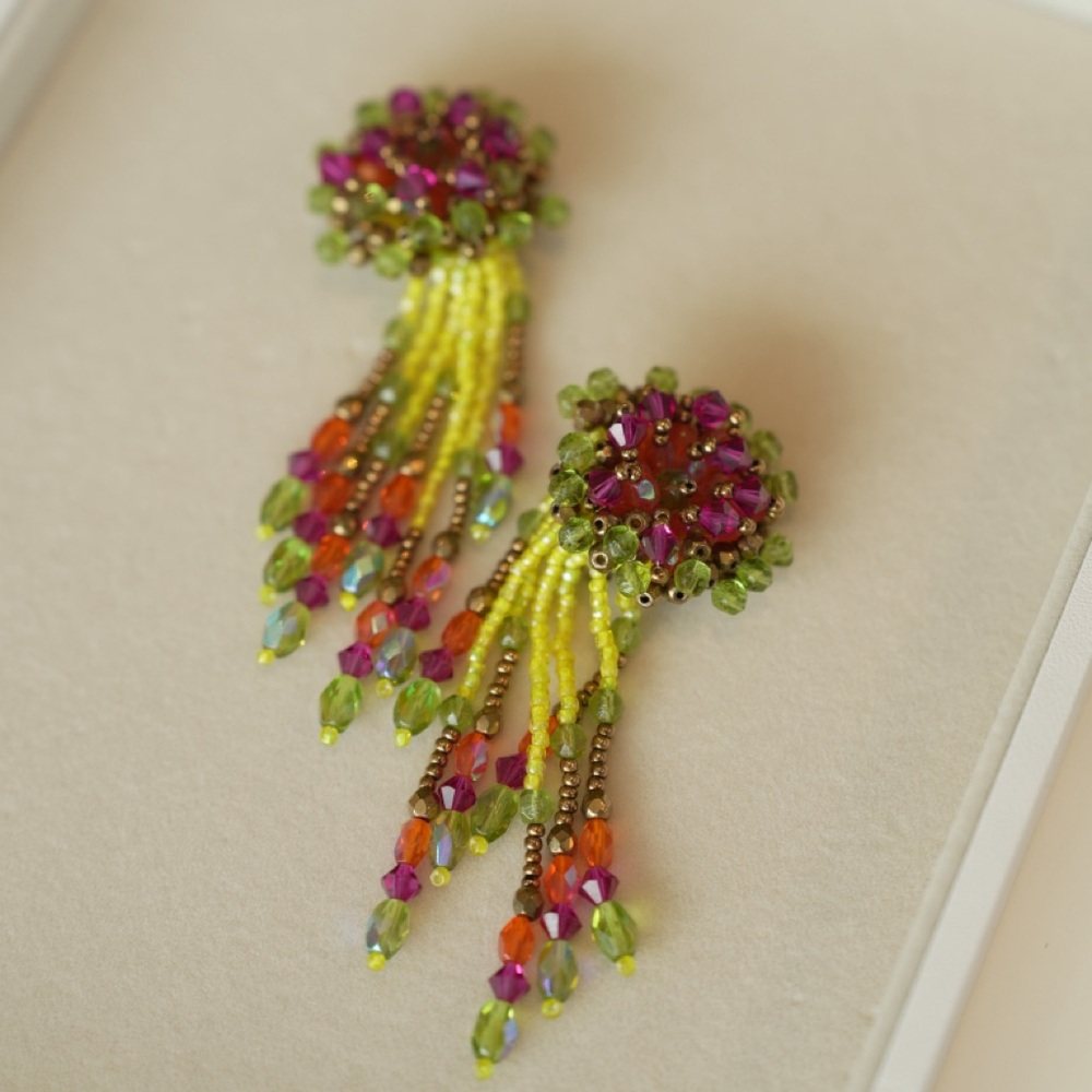 Vintage Colorful Beaded Dangle Clip on Earrings
